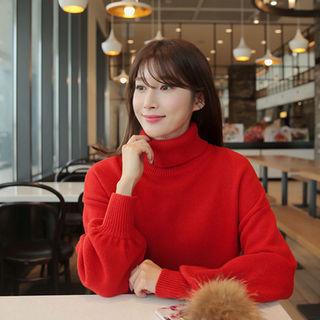 Turtle-neck Bishop-sleeve Wool Blend Sweater