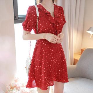 Puff-sleeve Ruffled Heart-pattern Minidress