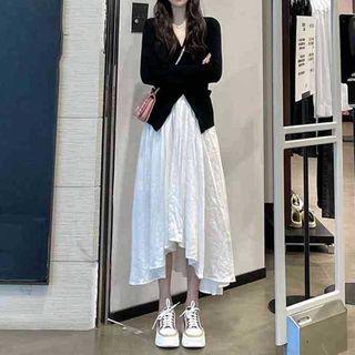Set: V-neck Cardigan + Asymmetrical Midi A-line Skirt