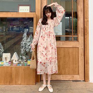 Long-sleeve Floral A-line Midi Dress As Shown In Figure - One Size