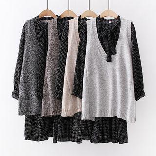 Set: Tie-neck Midi Dress + Sleeveless Knit Top