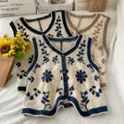 Floral Embroidered Knit Button-up Vest