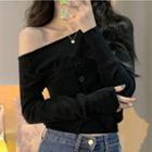 Long-sleeve Mock Two-piece One-shoulder Knit Top