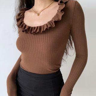 Ruffle U-neck Long-sleeve Shirt