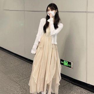 Spaghetti Strap Irregular Midi A-line Dress / Cardigan / Set