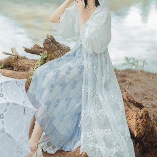 Set: Spaghetti Strap Floral Mesh Midi A-line Dress + Elbow-sleeve Hooded Lace Jacket