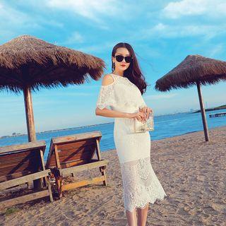 Open Shoulder Lace Midi Dress