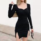 Square Neck Long-sleeve Slit Sheath Dress
