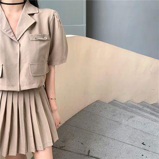 Set:plain Short-sleeve Top + High-waist Pleated Skirt