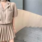 Set:plain Short-sleeve Top + High-waist Pleated Skirt