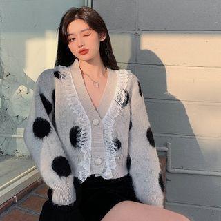 Long-sleeve Dotted Lace-trim V Neck Knit Cardigan Sweater - One Size