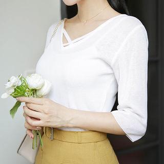 Strap-trim V-neck Elbow-sleeve Top