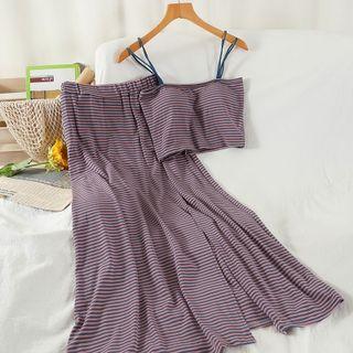 Set: Spaghetti Strap Striped Top + Slit Midi A-line Skirt