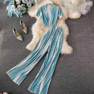 Set: Short-sleeve Mock-neck Tie-dye T-shirt + Wide Leg Pants
