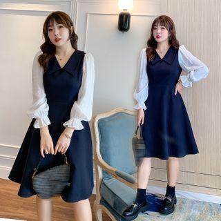 Mock Two-piece V-neck Midi A-line Dress