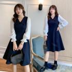 Mock Two-piece V-neck Midi A-line Dress