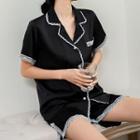 Loungewear Set : Lace Contrast Trim Short-sleeve Top + Shorts