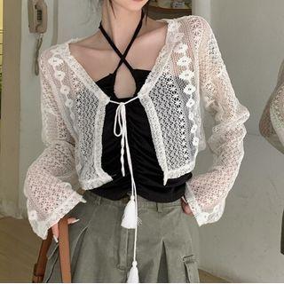 Halter-neck Keyhole Top / Crop Lace Cardigan