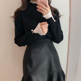 Mock-turtleneck Ruffled Trim Faux Pearl Sweater