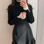 Mock-turtleneck Ruffled Trim Faux Pearl Sweater