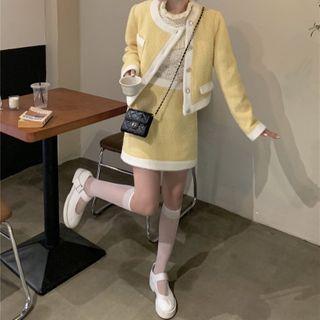 Contrast Trim Cardigan / Knit Mini Skirt / Long-sleeve Mock-neck Lace Top