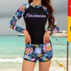Set: Long-sleeve Flower Print Rashguard + Lettering Swim Pants + Bikini Top + Swim Shorts