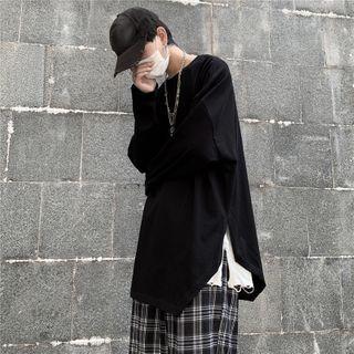 Long-sleeve Distressed Slit Hem T-shirt