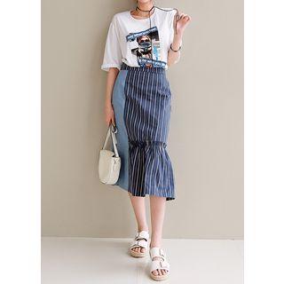 Frill-trim Denim-panel Striped Long Skirt