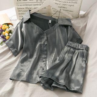 Set: Asymmetric V-neck Blouse + High-waist Shorts