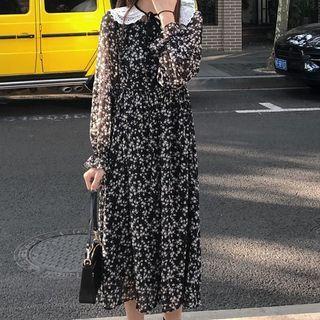 Long-sleeve Flower Print Midi A-line Dress / Fluffy Jacket