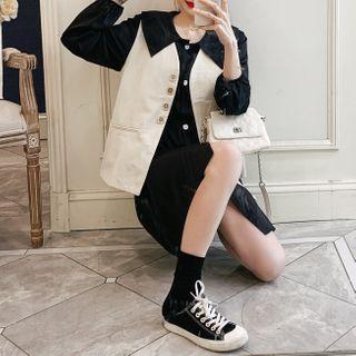Set: Long-sleeve A-line Shirtdress + Buttoned Vest