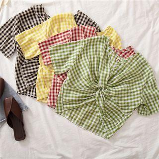 Short-sleeve Plaid Twisted Top