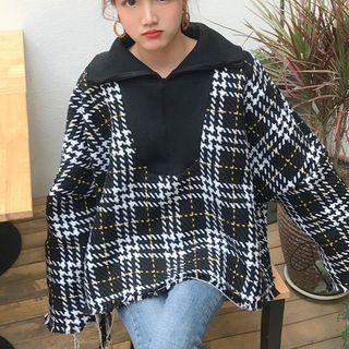 Turtleneck Half-zip Plaid Pullover