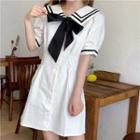 Short-sleeve Sailor Collar Mini A-line Dress With Bow - As Shown In Figure - One Size
