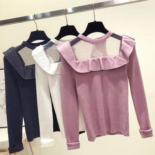 Long-sleeve Mesh Panel Ruffle Knit Top