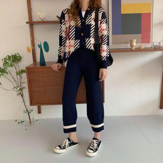 Plaid Cardigan / Cropped Knit Pants