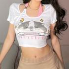 Short-sleeve Halter Neck Cat Print Cropped T-shirt