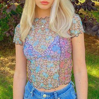 Short Sleeve Ruffled-trim Floral Print Crop Mesh Top