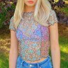 Short Sleeve Ruffled-trim Floral Print Crop Mesh Top