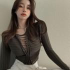 Long-sleeve Perforated Slim-fit Cropped Top