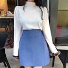 Mock Turtleneck Long-sleeve Faux Fur Trim Top / Mini A-line Skirt