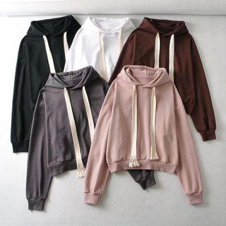 Long Sleeve Plain Drawstring Loose-fit Hoodie