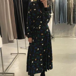 Long-sleeve Pattern Midi Dress Black - One Size