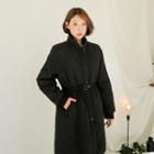 Stand-collar Wool Blend Padded Coat With Belt