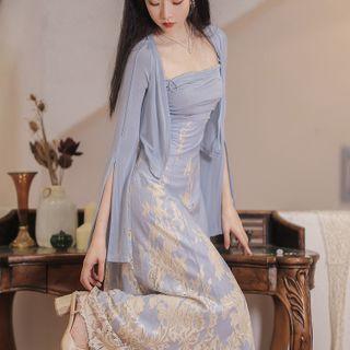 Spaghetti-strap Midi A-line Dress / Bell-sleeve Light Jacket / Set