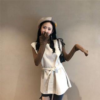 Set: Turtleneck Long-sleeve T-shirt + Tie Waist Knit Vest