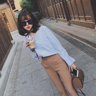 Set: Striped V-neck Long-sleeve Shirt + Pants