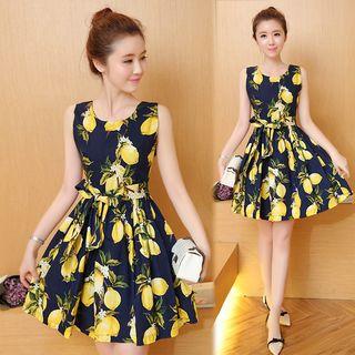 Sleeveless Bow-accent Printed A-line Dress