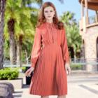 Stand-collar Pleated Long-sleeve Dress