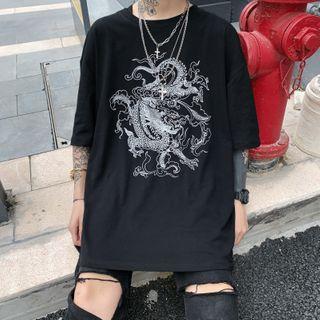 Oversized Elbow-sleeve Dragon-print T-shirt